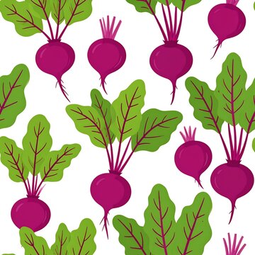 Colorful digital illustration of a repeating pattern featuring vibrant magenta root vegetables with green leafy tops on a white background