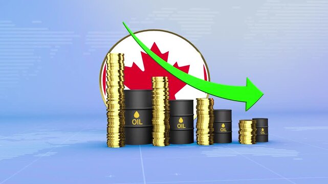 Canada Oil Prices Decline with Oil Barrels, Gold Coins and Downward Green Arrow, 3D Economic and Financial Market Concept