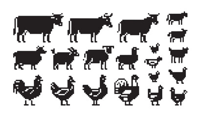 Pixel art livestock and poultry character collection for game design and farming themes. © VANU