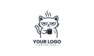 Fototapeta premium Grumpy coffee cat silhouette clean minimalist black vector logo