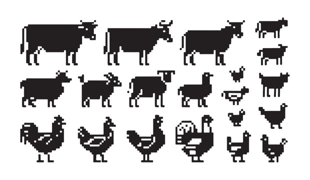 Pixel art livestock and poultry character collection for game design and farming themes.