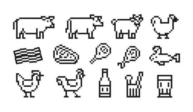 Pixel art food items and farm animals including meat cuts poultry and dairy for game design.