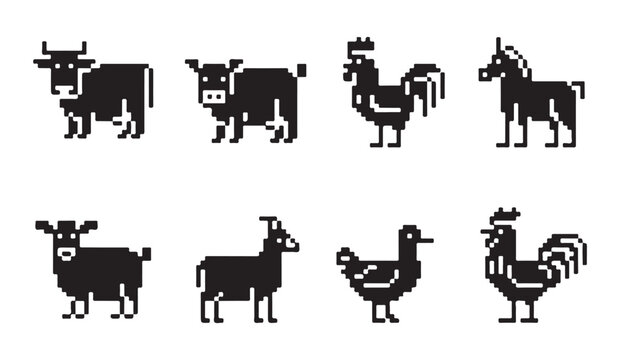 Set of pixel art farm animals vector icons isolated on white background for design work.