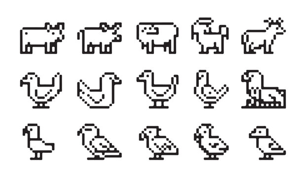 Various pixel art animal and bird silhouettes for agricultural design and gaming assets.