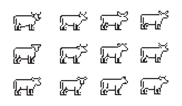 Pixel art cow and sheep icon set with various breeds and positions for gaming application.