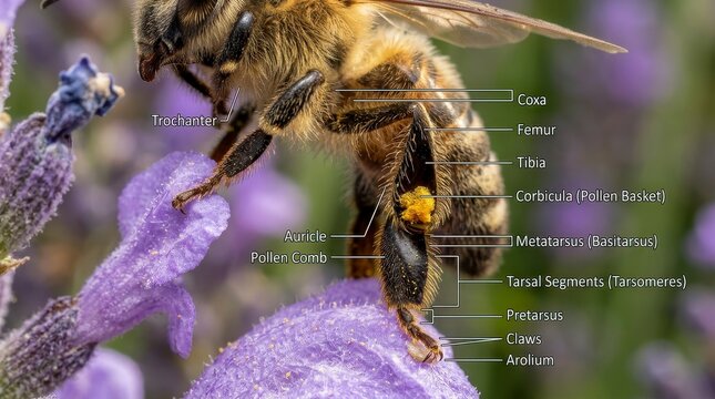 Close-up macro view of a honey bee on a lavender flower with anatomical labels.