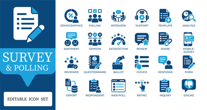 Survey and Polling Icons. Featuring customer feedback, user satisfaction rating, online voting ballot, and research questionnaire symbols. Professional duotone vector set for business apps