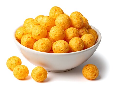A white bowl filled with numerous small, round, orange-yellow puffed snacks on a plain white background