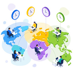 Naklejka premium Global Business Team Working with Clocks and Technology.