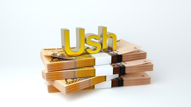 A clean 3D render featuring a stack of Ugandan shilling (UGX) 50,000 banknotes secured with paper bands, topped with a glossy, metallic golden "USh" currency symbol against a plain white backdround