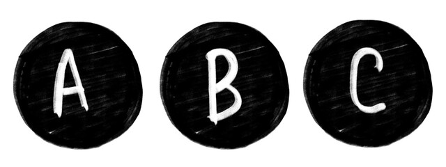 Three bold uppercase letters A, B, and C on round black circles © Rahima