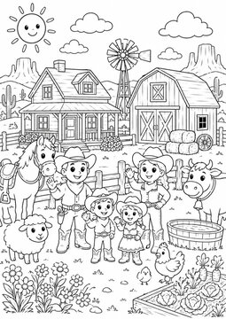 A heartwarming children's coloring page featuring a happy family ranch in a peaceful Wild West setting. A smiling cowboy, cowgirl, and two cheerful children stand together outside.