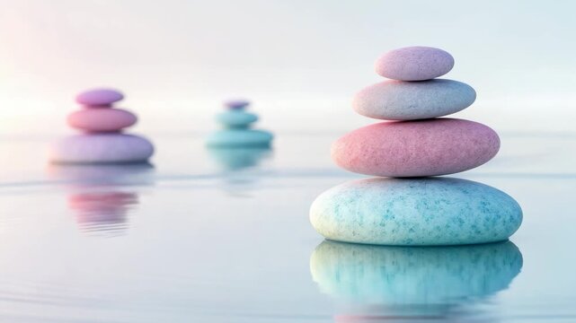 Zen stone stacks balanced on calm water surface with gentle ripples at sunrise in pastel colors