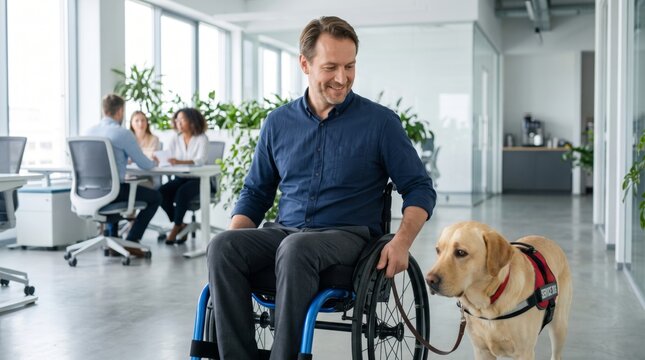 Man in wheelchair with service dog working in inclusive modern office. Support animal assisting employee with disability. Professional life, accessibility and workplace diversity concept