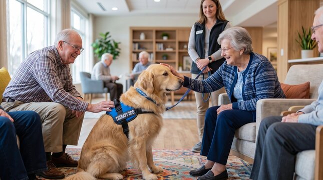 Elderly woman and man petting therapy dog in nursing home. Volunteer worker with trained assistance pet visiting senior facility. Mental health support and animal care for older people