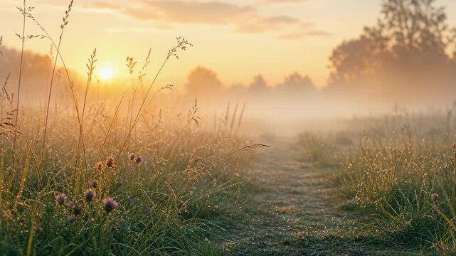 Sunrise over a misty meadow with wildflowers and a dirt path
