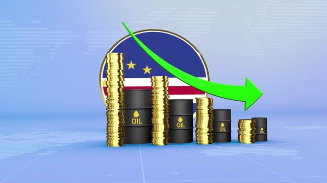 Cape Verde Oil Prices Decline with Oil Barrels, Gold Coins and Downward Green Arrow, 3D Economic and Financial Market Concept