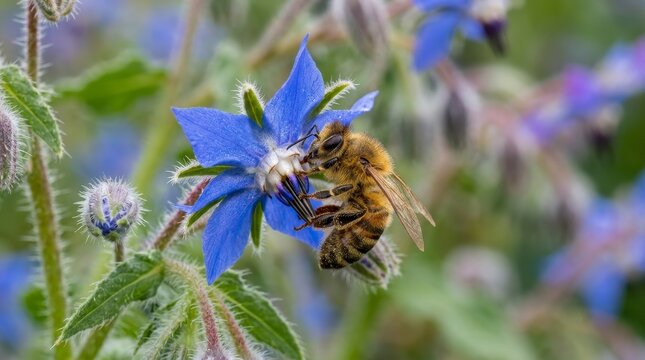Honeybee collecting nectar from a vibrant blue borage flower in a garden setting.