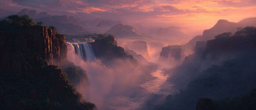 Dramatic landscape with waterfalls and mountains