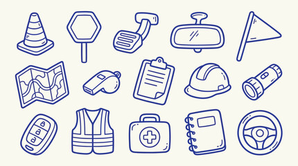 Fototapeta premium Collection of hand-drawn icons representing driving, safety, and travel essentials.