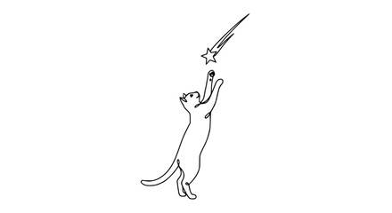 Curious cat reaching for shooting star, simple line art, white background © Akun