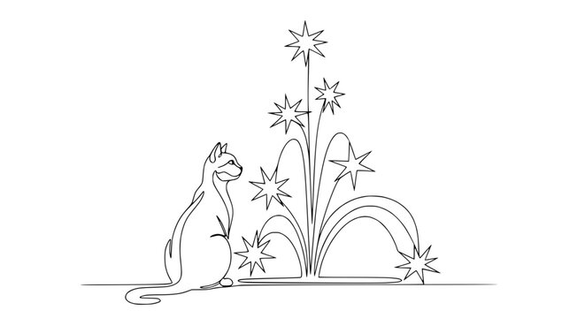 Minimalist Cat Watching Fireworks Line Art