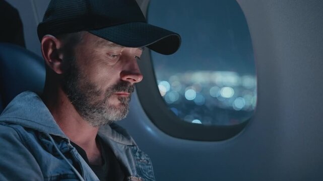Middle-aged bearded man wearing black mesh baseball cap and denim jacket gazes pensively while seated in airplane cabin at night with soft bokeh city lights glowing through oval window nearby.