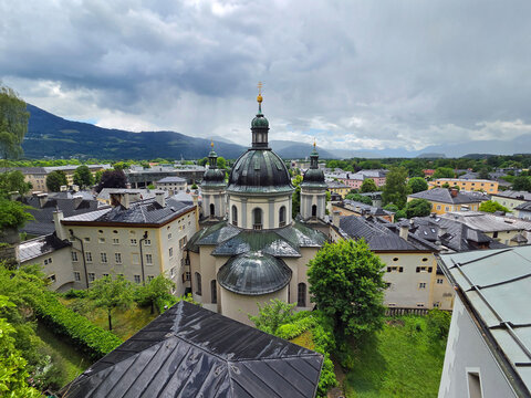 Saint Erhard Catholic Church in Salzburg, Austria on rainy overcast summer afternoon.