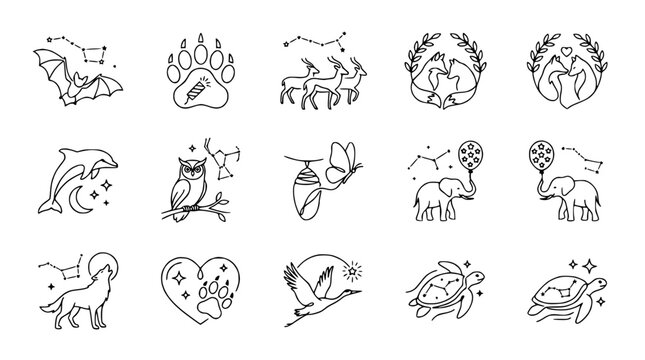 Whimsical Animal Constellation Icons: Bat, Wolf, Deer, Fox, Dolphin, Owl, Butterfly, Elephant, Turtle