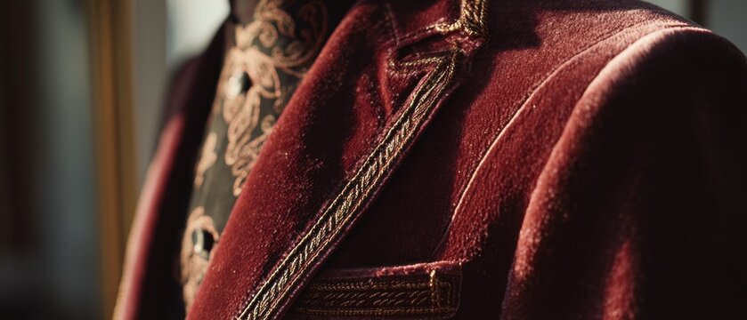 Close up of a burgundy velvet jacket