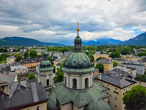 Saint Erhard Catholic Church in Salzburg, Austria on rainy overcast summer afternoon.