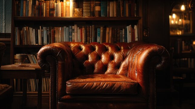 Leather armchair in cozy home library