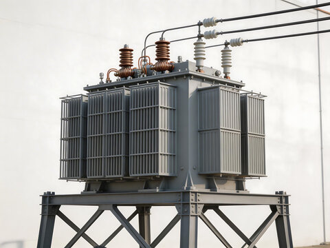 Industrial power transformer on metal stand
