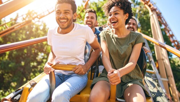 Diverse young adults laughing on a roller coaster ride at an amusement park