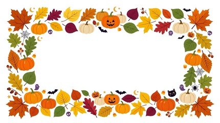 Fototapeta premium Autumn harvest frame with pumpkins, jack-o-lanterns, colorful fall leaves, acorns, and seasonal decorations arranged as isolated border on white background for design projects.