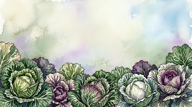 Watercolor illustration of fresh cabbage heads in green and purple tones arranged in a row, suitable for culinary, agricultural, and food-related design projects.