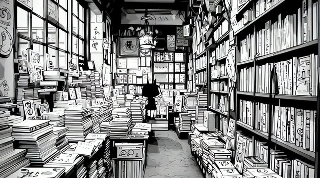 Black and white cartoon style library interior with shelves and books