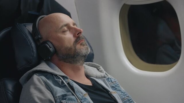 Middle-aged bald man with gray beard relaxes in airplane cabin wearing wireless headphones. Passenger sleeps peacefully in window seat with denim jacket and hoodie during long haul flight journey.