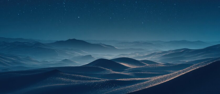 Hilly landscape under a starry night sky