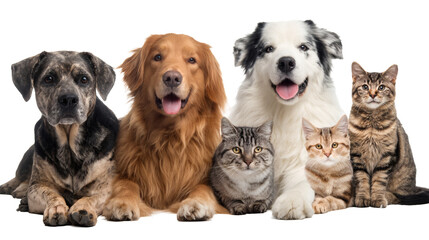 Fototapeta premium Group of different dog breeds and cats sitting together, isolated on a white background