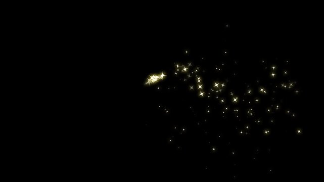 Golden glowing glitter particle curved trail with magic sparkles and twinkle stars motion, fairy dust wand shimmer trail, pixie dust path, magic line dust, glitter line blink motion on black screen.4k