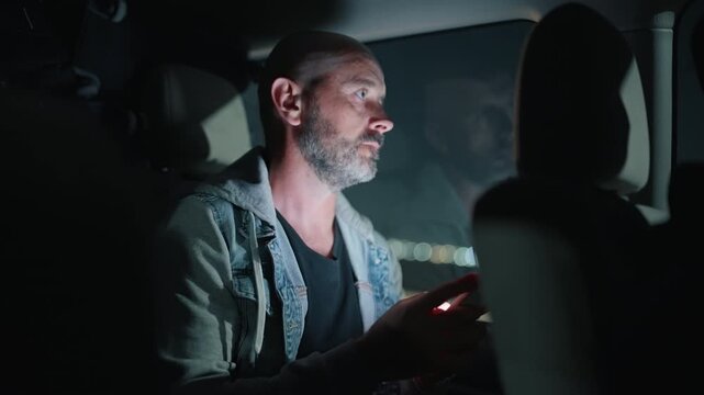 Middle-aged bearded man sits in minibus interior checking his phone during evening ride. Passenger browses smartphone in shuttle bus with city lights visible through window behind him.