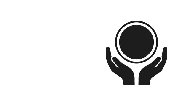 A minimalist black icon depicting two cupped hands holding a circular object.