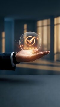 Hand holding glowing sphere with checkmark and five stars, representing quality assurance, customer satisfaction, and business excellence in modern office setting.