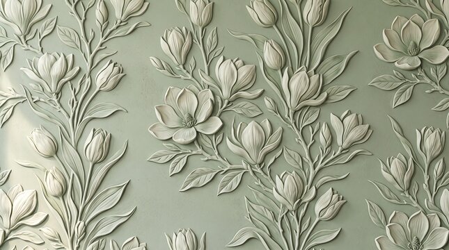 Elegant 3D bas relief floral pattern with magnolia and tulip motifs in soft sage green