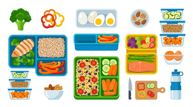 Comprehensive collection of healthy meal prep containers and flat vector food icons featuring grilled chicken, salmon, fresh vegetables, fruits, and nuts.