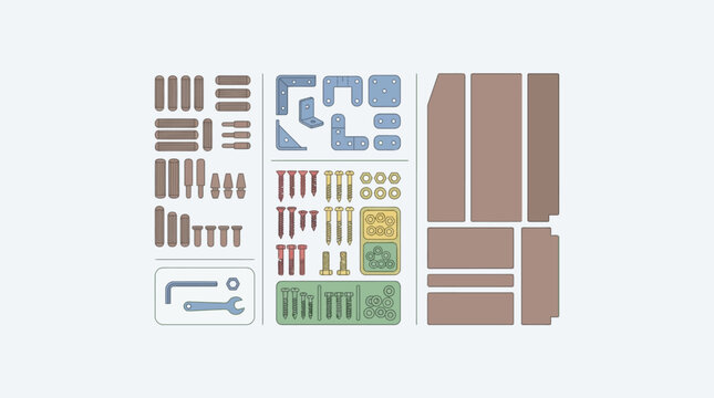 Comprehensive collection of furniture assembly hardware components and wooden panels organized for a DIY home construction project infographic.