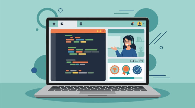 Professional Online Coding Class Interface on Laptop Screen Featuring Female Instructor and Programming Code Editor Illustration