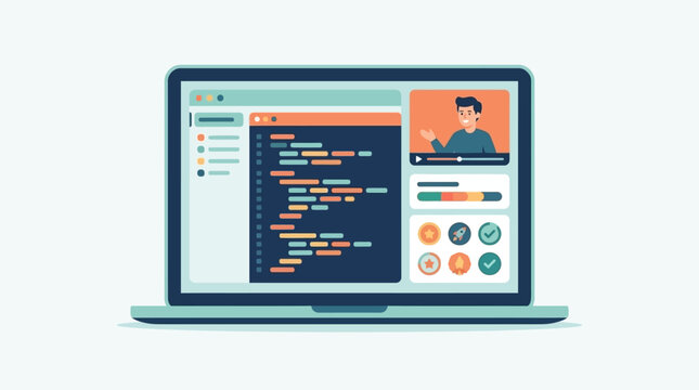 Professional online coding class platform interface on a laptop screen featuring a video instructor and source code editor