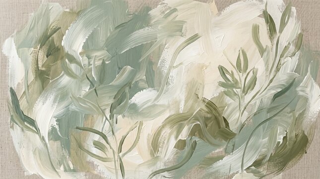 Close up of soft abstract green and beige botanical brushstrokes on canvas with abstract painting botanical brushstrokes minimalist artistic creative impressionist aesthetic background
